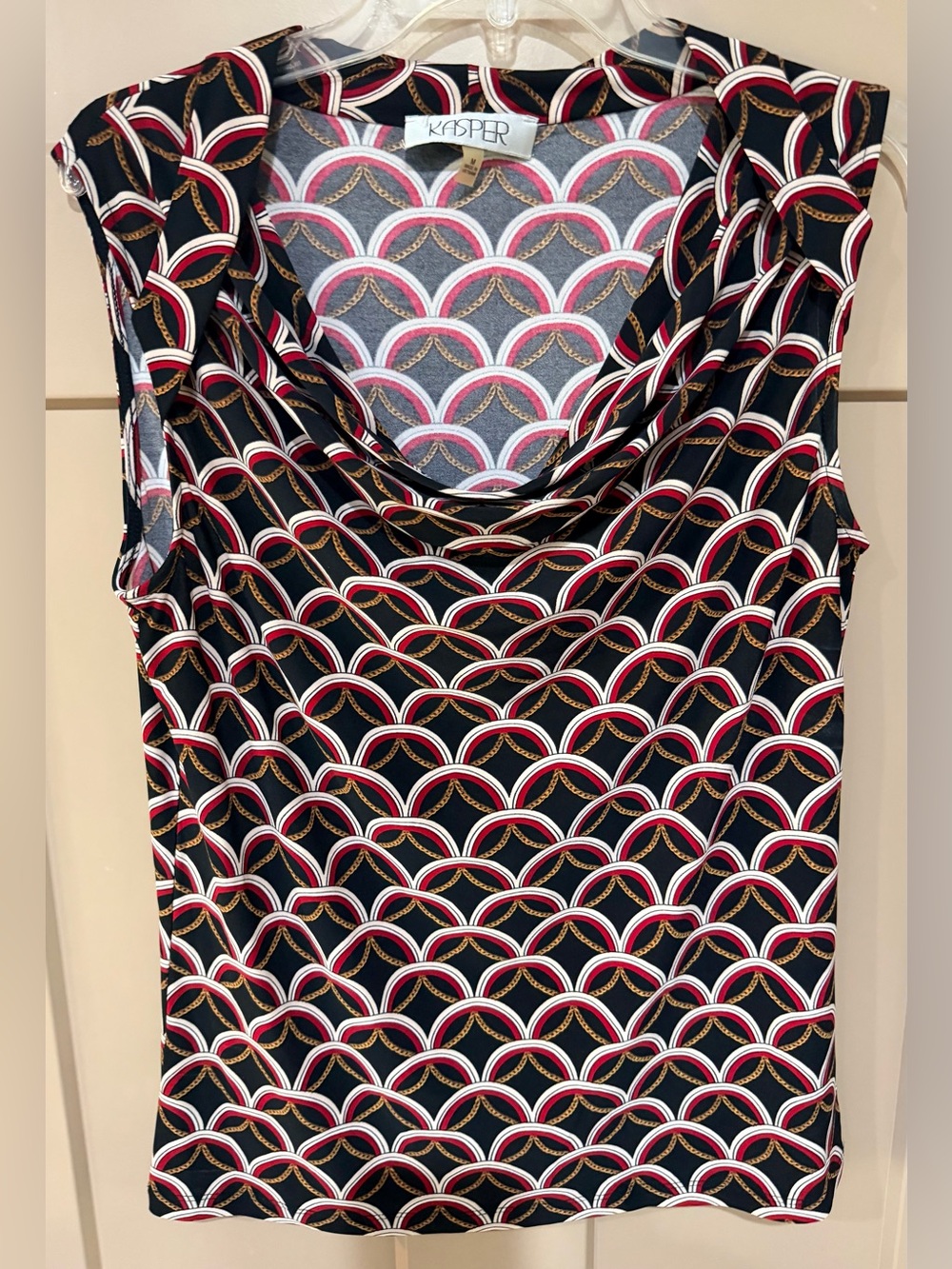 Kasper Black, Red, White & Gold Scallop-Print Sleeveless Top